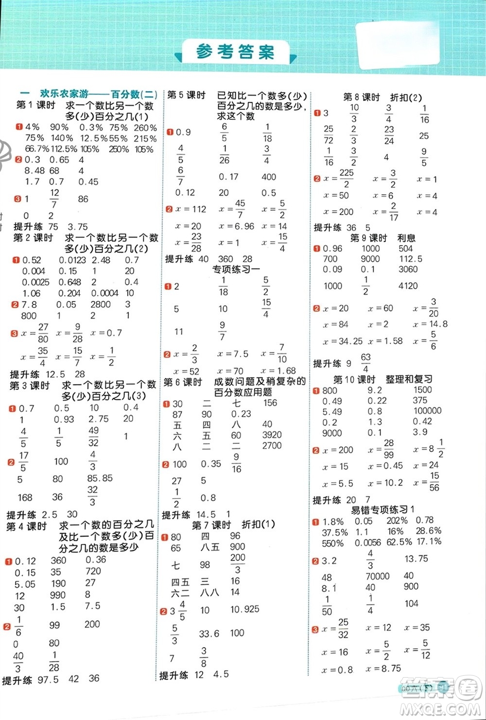 江西教育出版社2024年春陽光同學(xué)計算小達(dá)人六年級數(shù)學(xué)下冊青島版參考答案