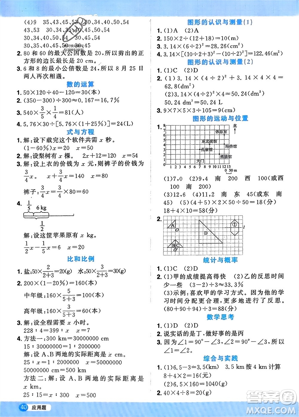 江西教育出版社2024年春陽光同學(xué)計算小達(dá)人六年級數(shù)學(xué)下冊人教版福建專版參考答案