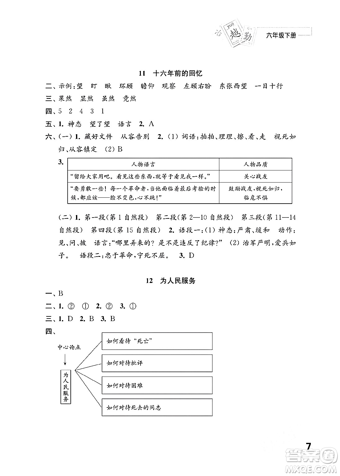 江蘇鳳凰教育出版社2024年春小學(xué)語文練習(xí)與測試六年級語文下冊通用版答案