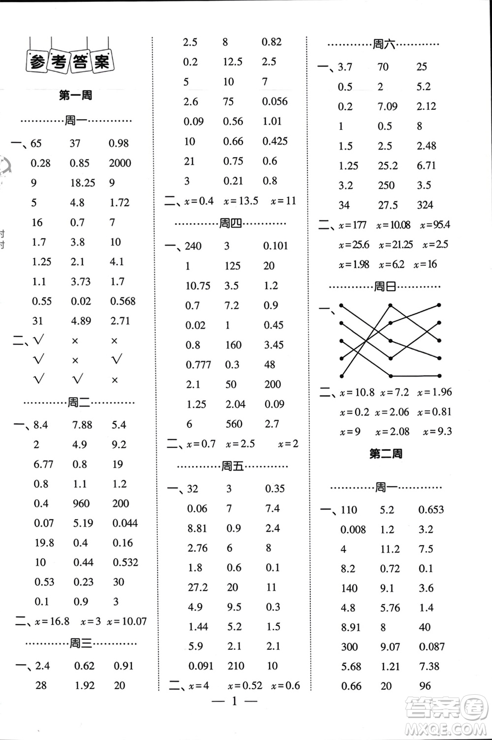 河海大學(xué)出版社2024年春經(jīng)綸學(xué)霸計(jì)算小能手五年級(jí)數(shù)學(xué)下冊(cè)江蘇版參考答案