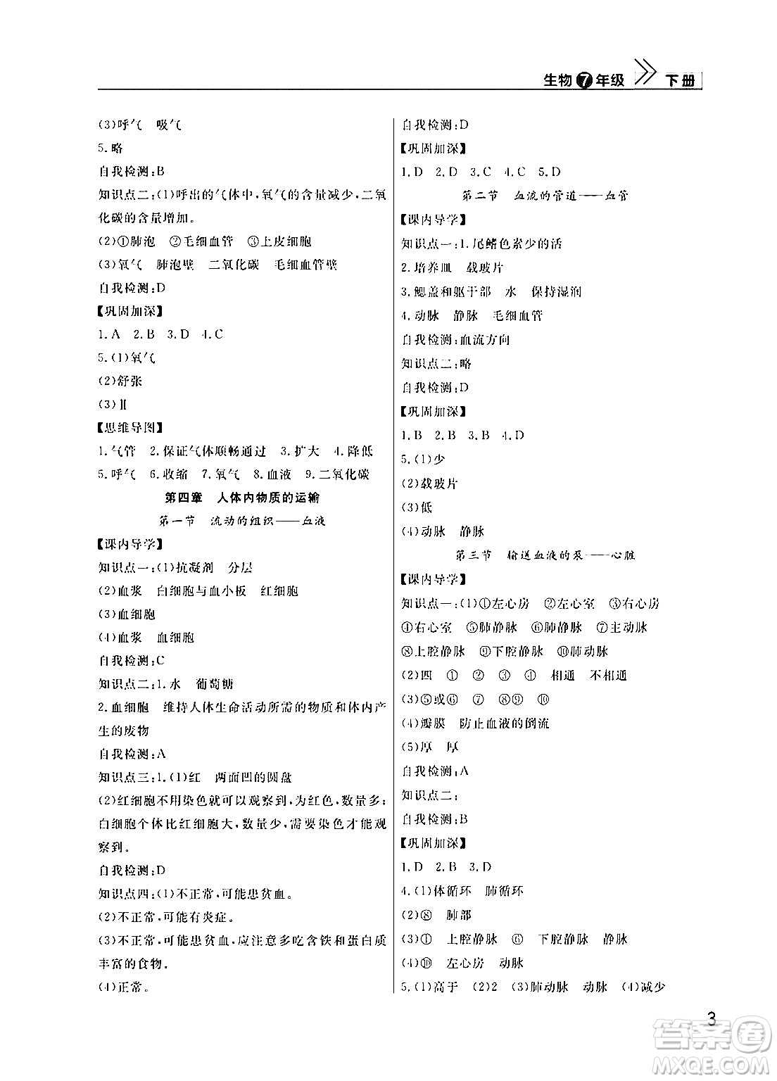 武漢出版社2024年春智慧學(xué)習(xí)天天向上課堂作業(yè)七年級生物下冊通用版答案