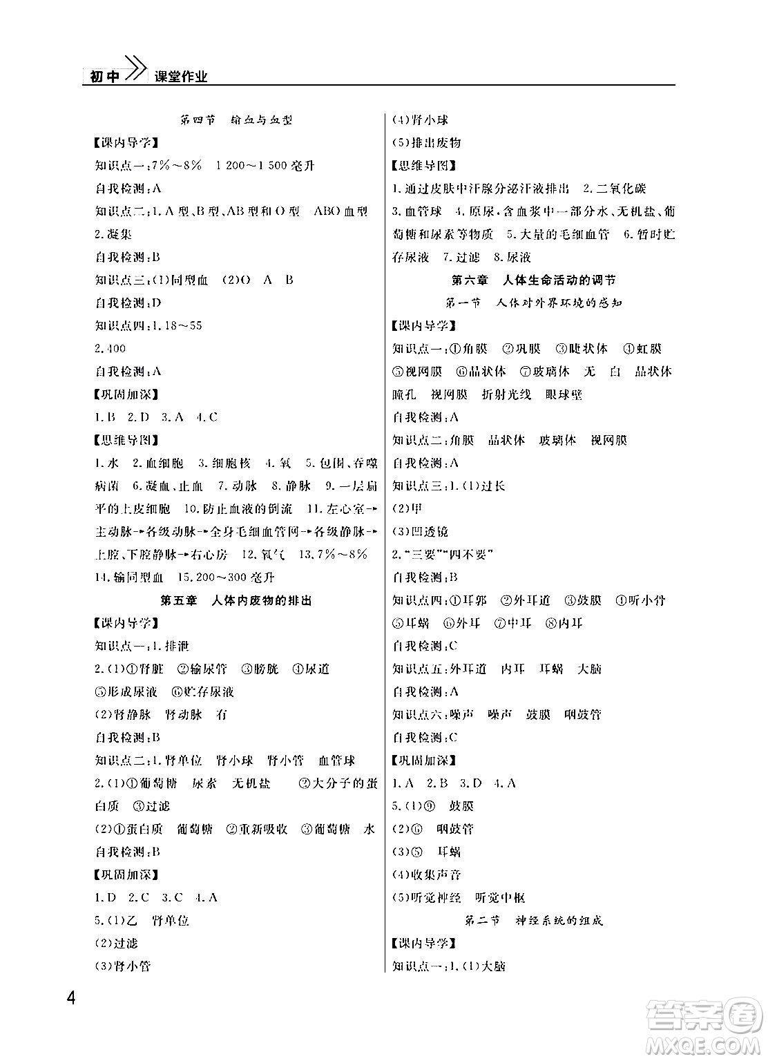 武漢出版社2024年春智慧學(xué)習(xí)天天向上課堂作業(yè)七年級生物下冊通用版答案