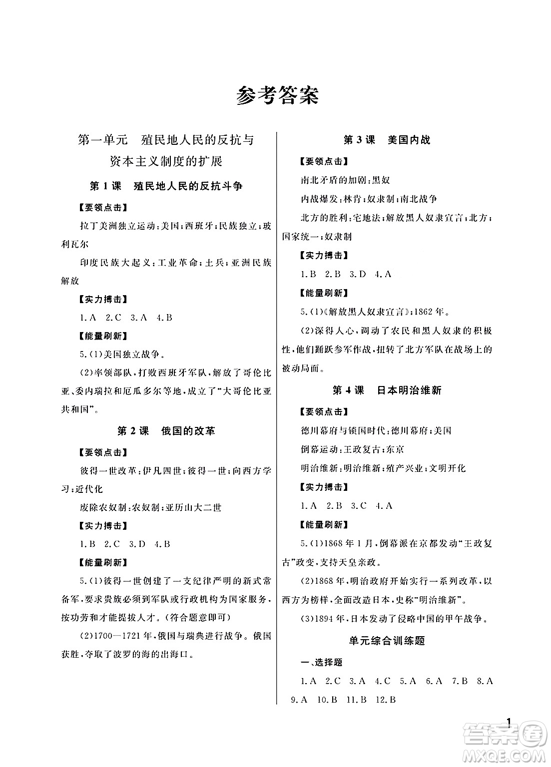 武漢出版社2024年春智慧學習天天向上課堂作業(yè)九年級歷史下冊通用版答案