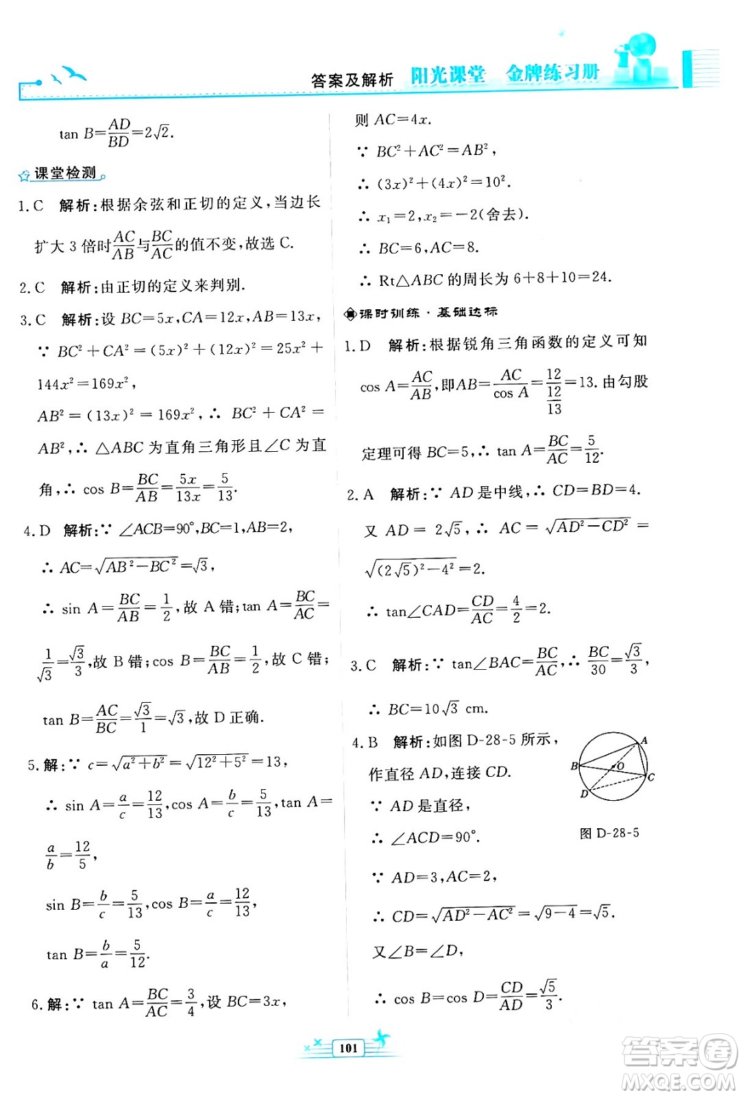 人民教育出版社2024年春陽(yáng)光課堂金牌練習(xí)冊(cè)九年級(jí)數(shù)學(xué)下冊(cè)人教版福建專(zhuān)版答案