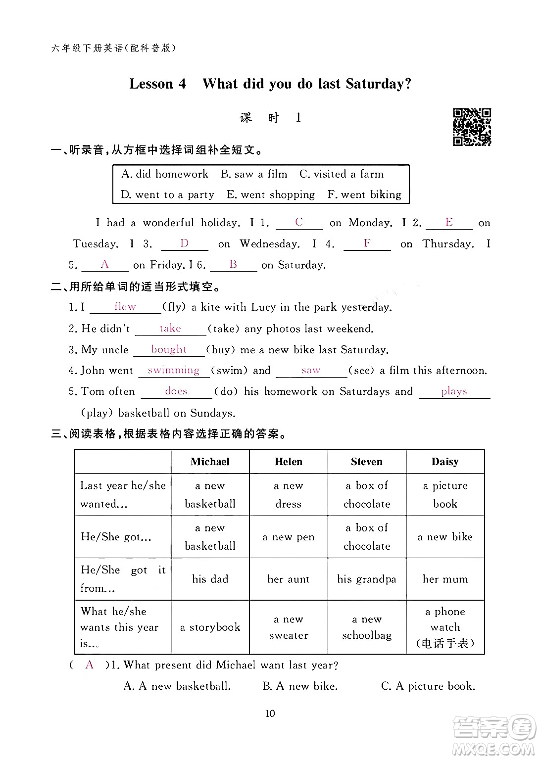 江西教育出版社2024年春英語作業(yè)本六年級(jí)英語下冊科普版答案