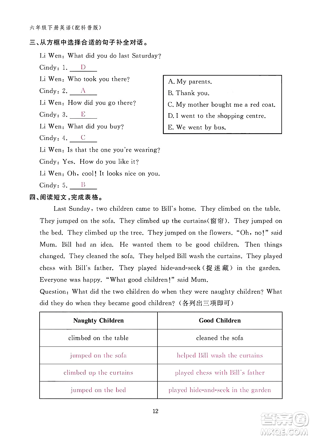 江西教育出版社2024年春英語作業(yè)本六年級(jí)英語下冊科普版答案