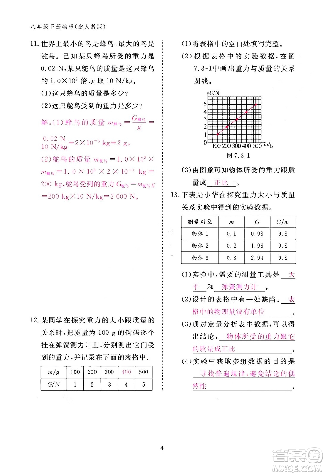 江西教育出版社2024年春物理作業(yè)本八年級物理下冊人教版答案