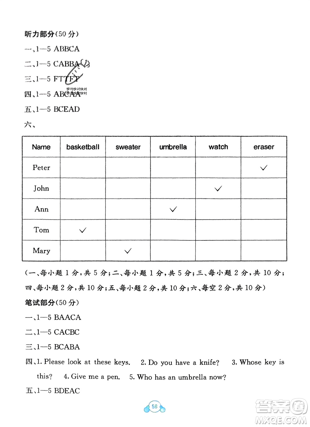 廣西教育出版社2024年春自主學(xué)習(xí)能力測評單元測試四年級英語下冊C版接力版參考答案