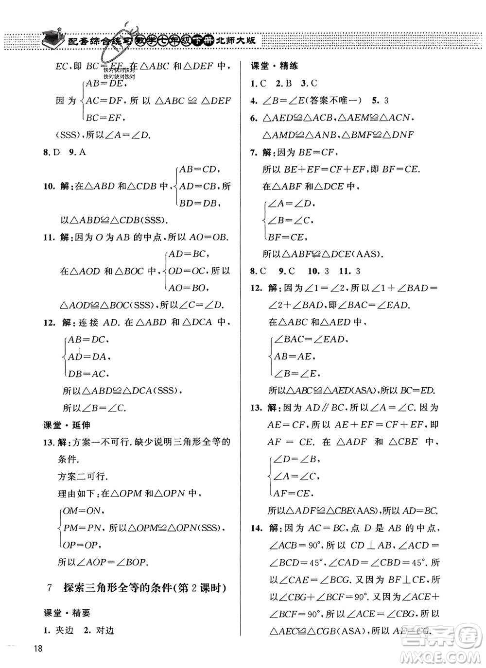 北京師范大學(xué)出版社2024年春配套綜合練習(xí)七年級(jí)數(shù)學(xué)下冊(cè)北師大版參考答案