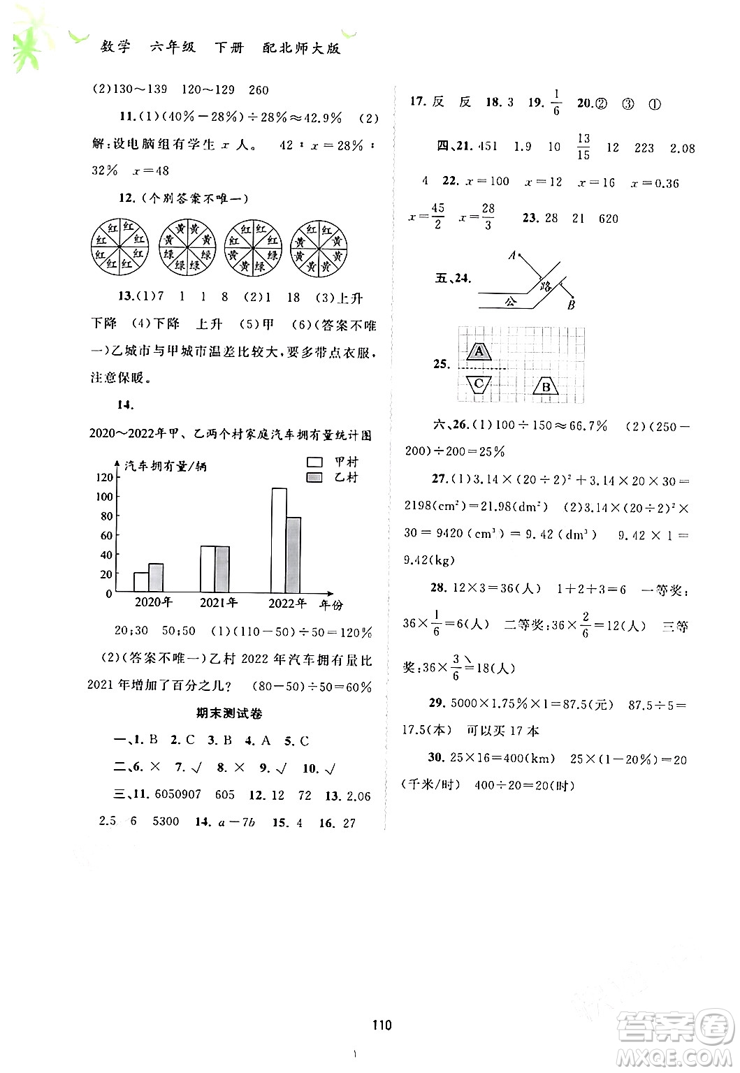 廣西師范大學出版社2024年春新課程學習與測評同步學習六年級數(shù)學下冊北師大版答案