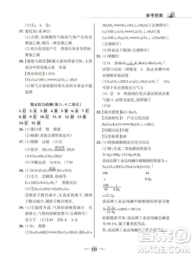 甘肅文化出版社2024年春配套綜合練習九年級化學下冊人教版參考答案