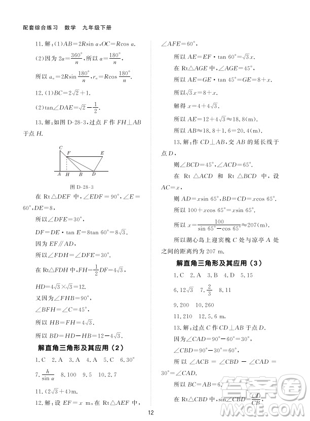 北京師范大學出版社2024年春配套綜合練習九年級數(shù)學下冊人教版參考答案