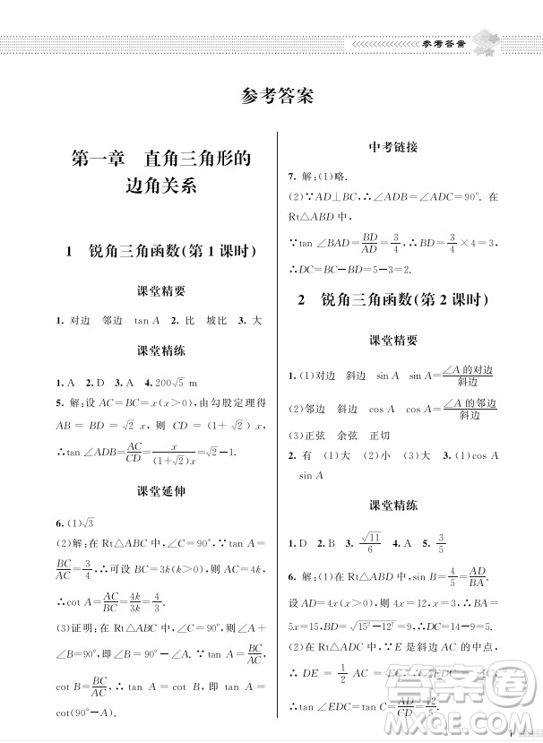 北京師范大學(xué)出版社2024年春配套綜合練習(xí)九年級數(shù)學(xué)下冊北師大版參考答案