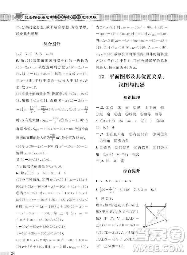 北京師范大學(xué)出版社2024年春配套綜合練習(xí)九年級數(shù)學(xué)下冊北師大版參考答案