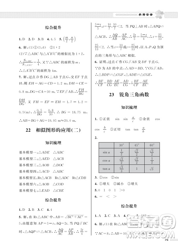 北京師范大學(xué)出版社2024年春配套綜合練習(xí)九年級數(shù)學(xué)下冊北師大版參考答案