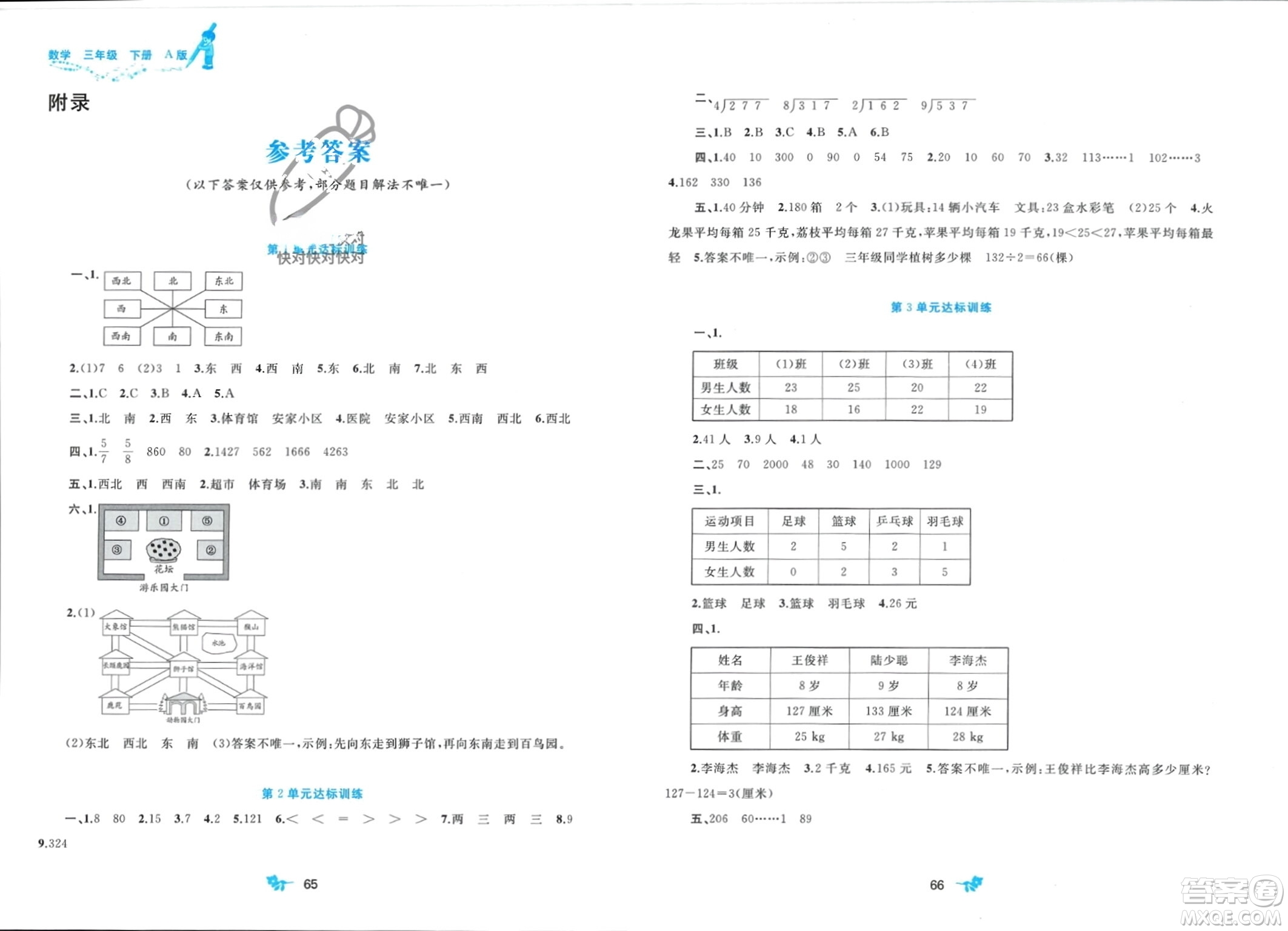 廣西師范大學(xué)出版社2024年春新課程學(xué)習(xí)與測評單元雙測三年級數(shù)學(xué)下冊A版人教版參考答案