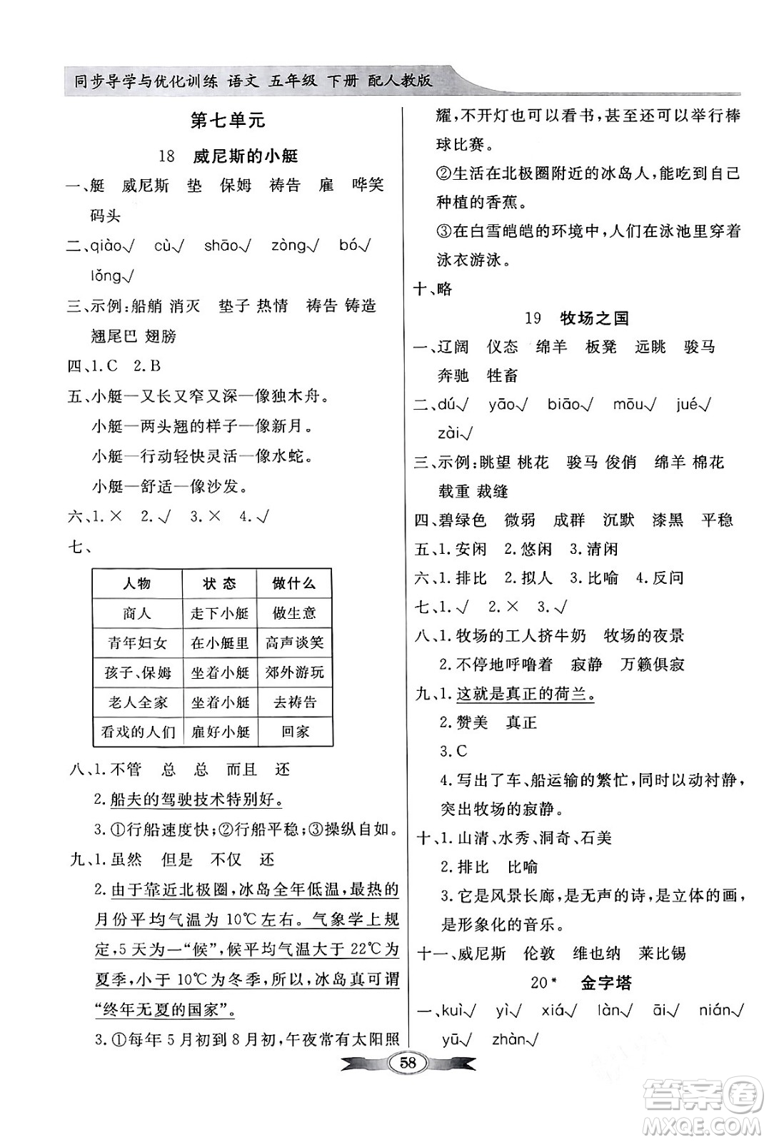 人民教育出版社2024年春同步導(dǎo)學(xué)與優(yōu)化訓(xùn)練五年級語文下冊人教版答案