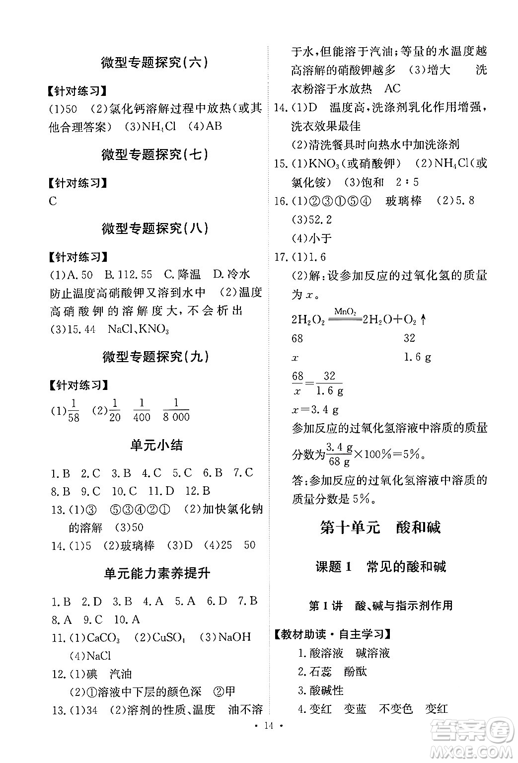 人民教育出版社2024年春能力培養(yǎng)與測(cè)試九年級(jí)化學(xué)下冊(cè)人教版答案