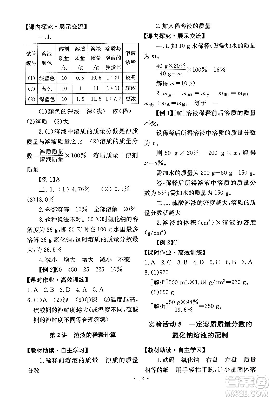 人民教育出版社2024年春能力培養(yǎng)與測(cè)試九年級(jí)化學(xué)下冊(cè)人教版答案