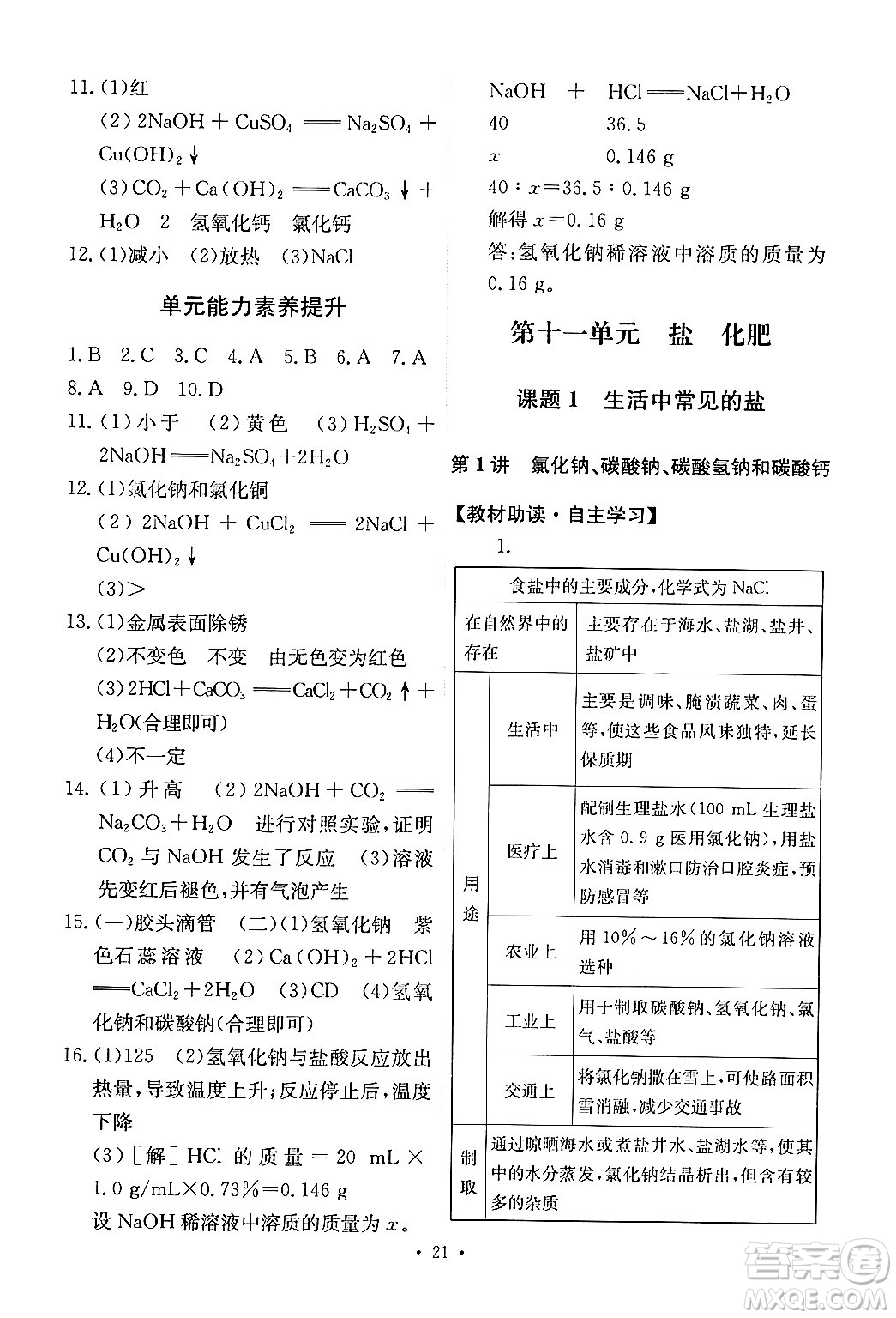 人民教育出版社2024年春能力培養(yǎng)與測(cè)試九年級(jí)化學(xué)下冊(cè)人教版答案