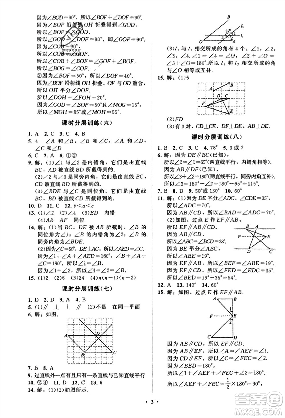 山東教育出版社2024年春初中同步練習(xí)冊分層卷七年級數(shù)學(xué)下冊通用版參考答案