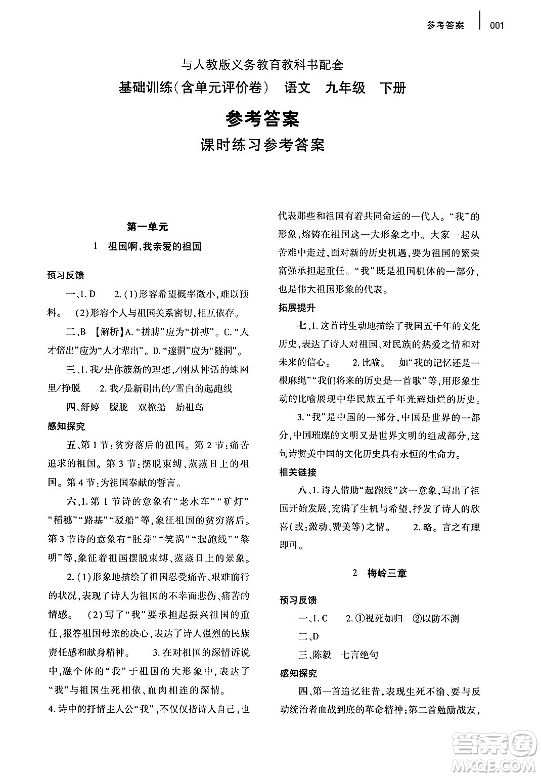 大象出版社2024年春基礎(chǔ)訓(xùn)練九年級語文下冊人教版答案