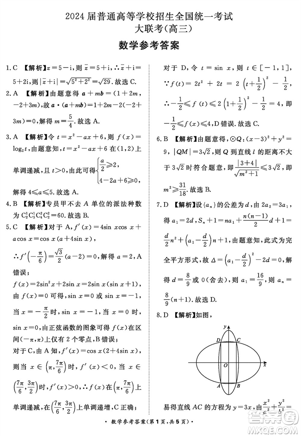 河南青桐鳴2024屆高三下學(xué)期3月份大聯(lián)考數(shù)學(xué)試題參考答案