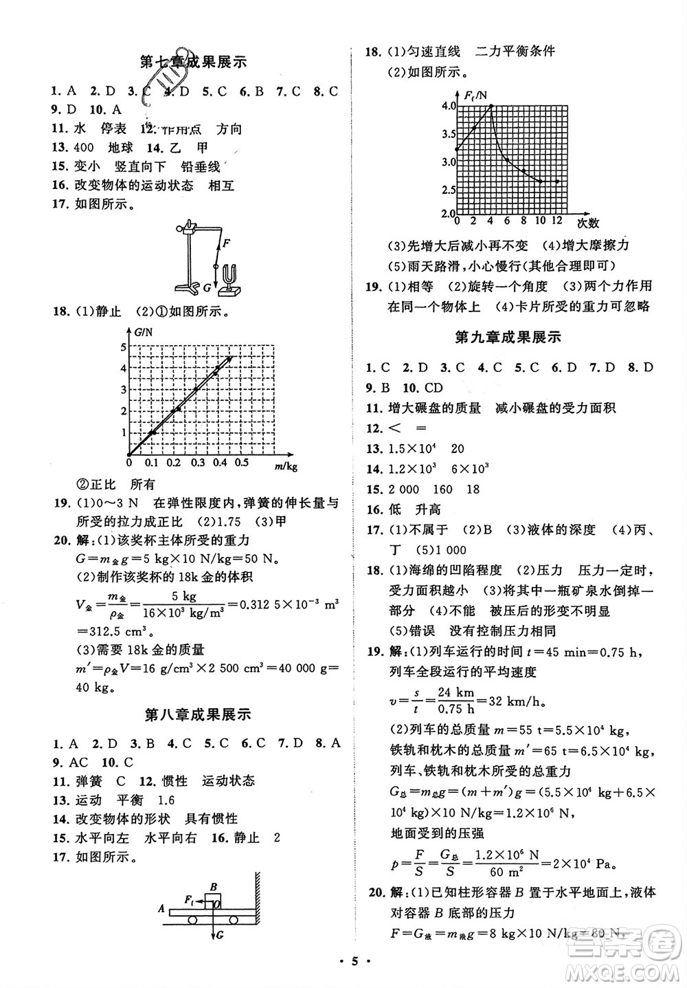 山東教育出版社2024年春初中同步練習(xí)冊(cè)分層卷八年級(jí)物理下冊(cè)人教版參考答案