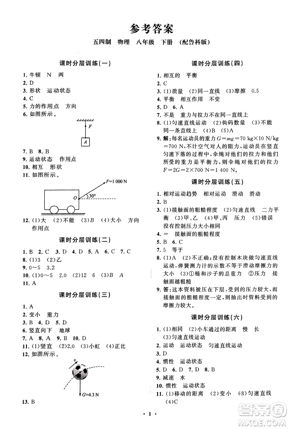 山東教育出版社2024年春初中同步練習(xí)冊(cè)分層卷八年級(jí)物理下冊(cè)五四學(xué)制魯科版參考答案