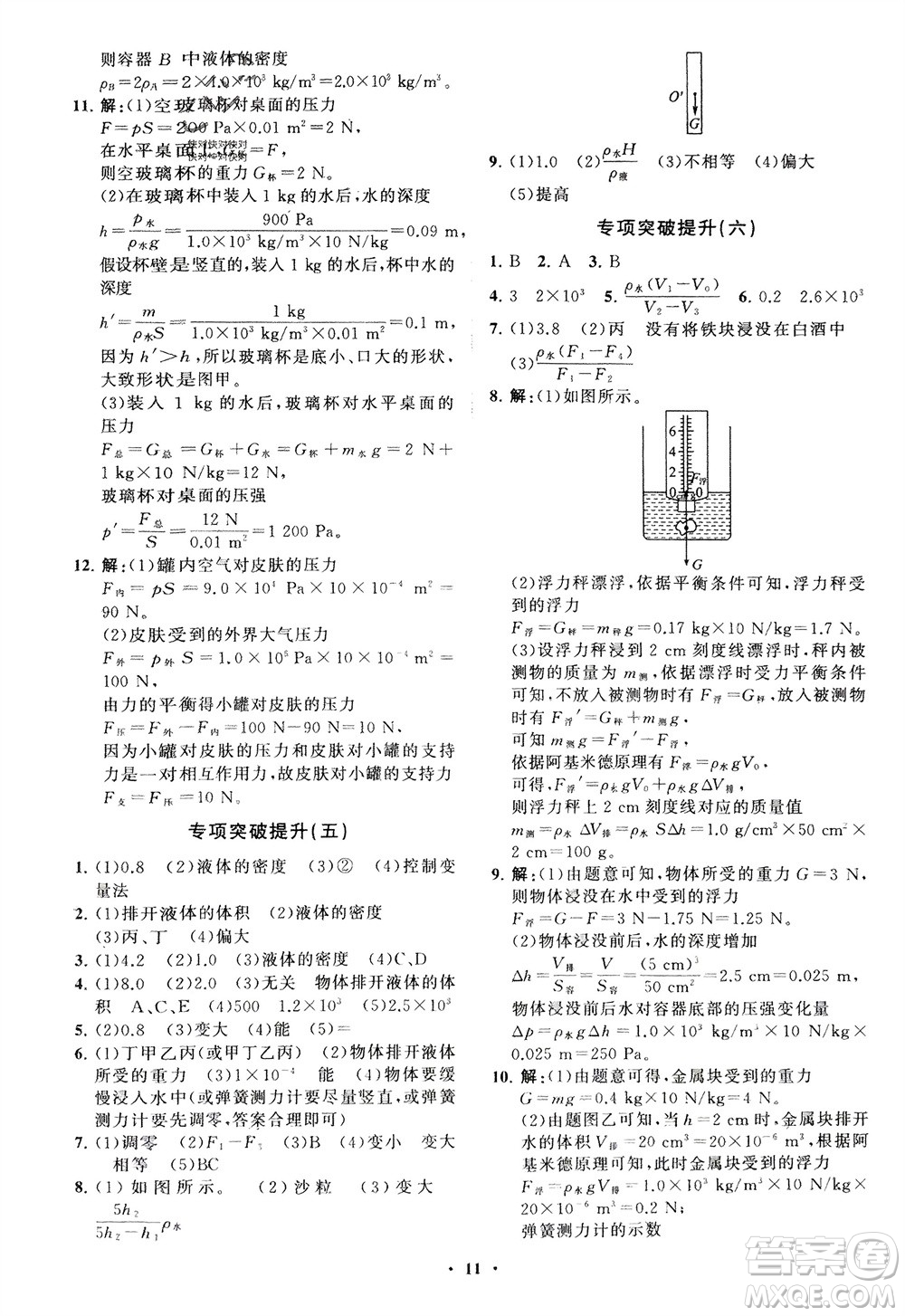 山東教育出版社2024年春初中同步練習(xí)冊(cè)分層卷八年級(jí)物理下冊(cè)五四學(xué)制魯科版參考答案