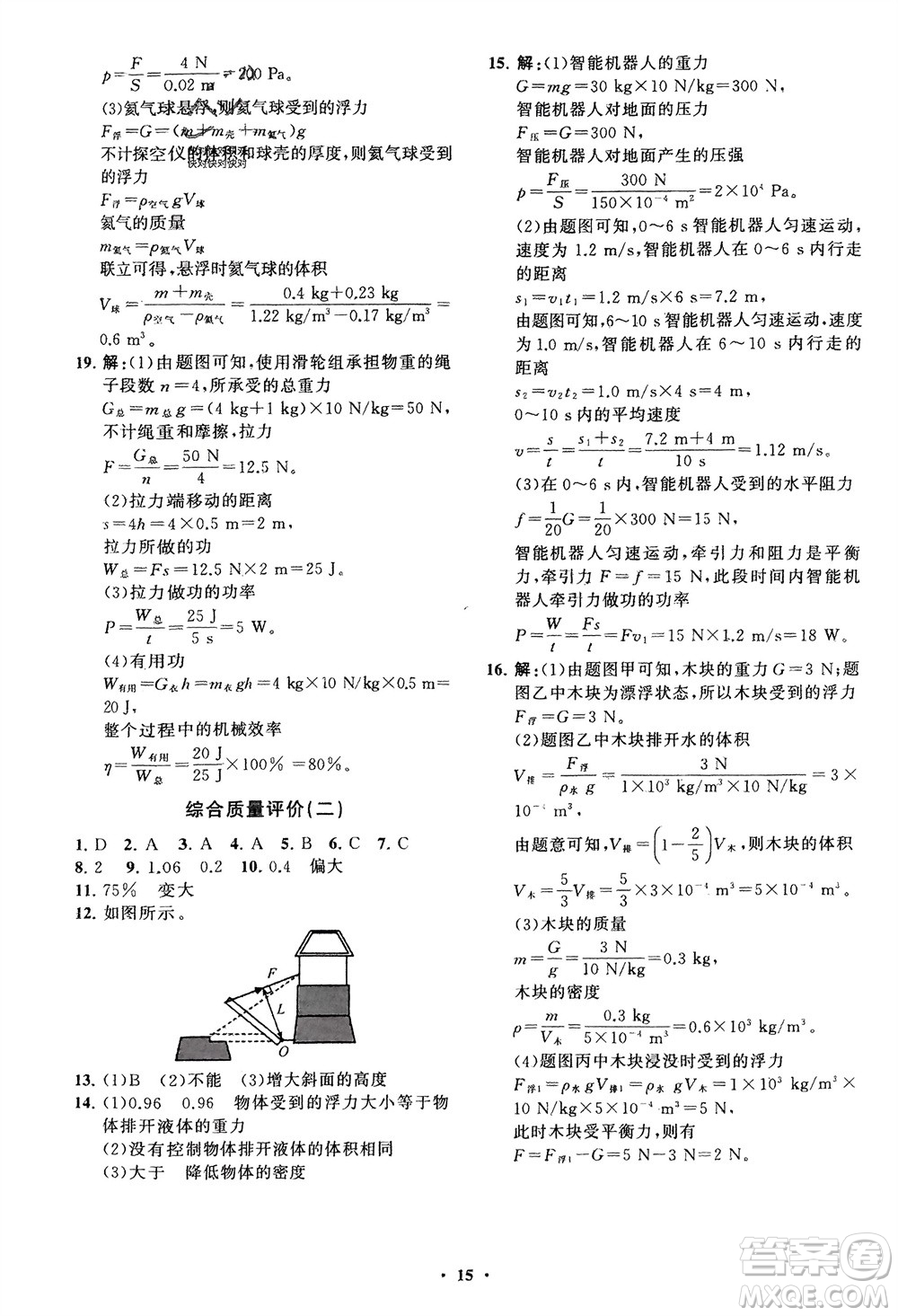 山東教育出版社2024年春初中同步練習(xí)冊(cè)分層卷八年級(jí)物理下冊(cè)五四學(xué)制魯科版參考答案