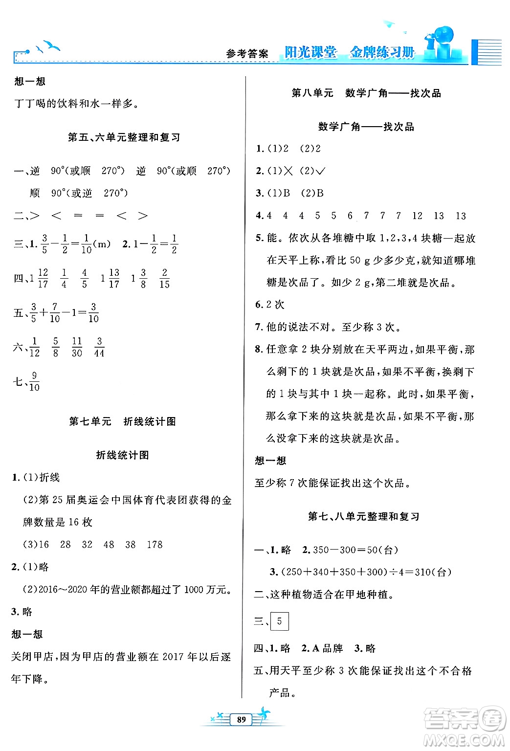 人民教育出版社2024年春陽光課堂金牌練習冊五年級數(shù)學下冊人教版答案