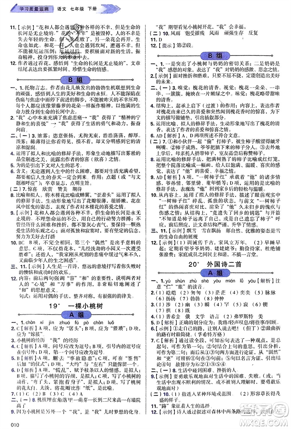 天津教育出版社2024年春學(xué)習(xí)質(zhì)量監(jiān)測(cè)七年級(jí)語(yǔ)文下冊(cè)人教版參考答案