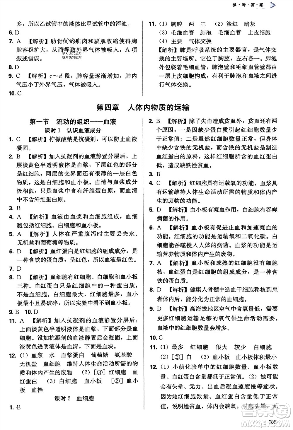 天津教育出版社2024年春學(xué)習(xí)質(zhì)量監(jiān)測七年級生物下冊人教版參考答案