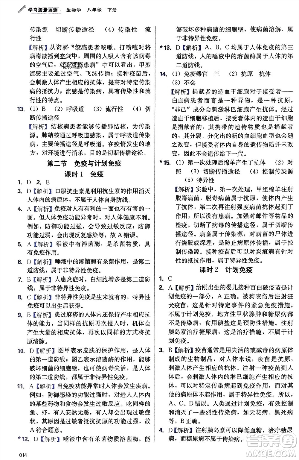 天津教育出版社2024年春學習質(zhì)量監(jiān)測八年級生物下冊人教版參考答案