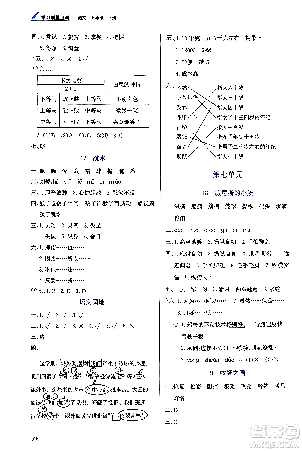 天津教育出版社2024年春學(xué)習(xí)質(zhì)量監(jiān)測(cè)五年級(jí)語文下冊(cè)人教版答案