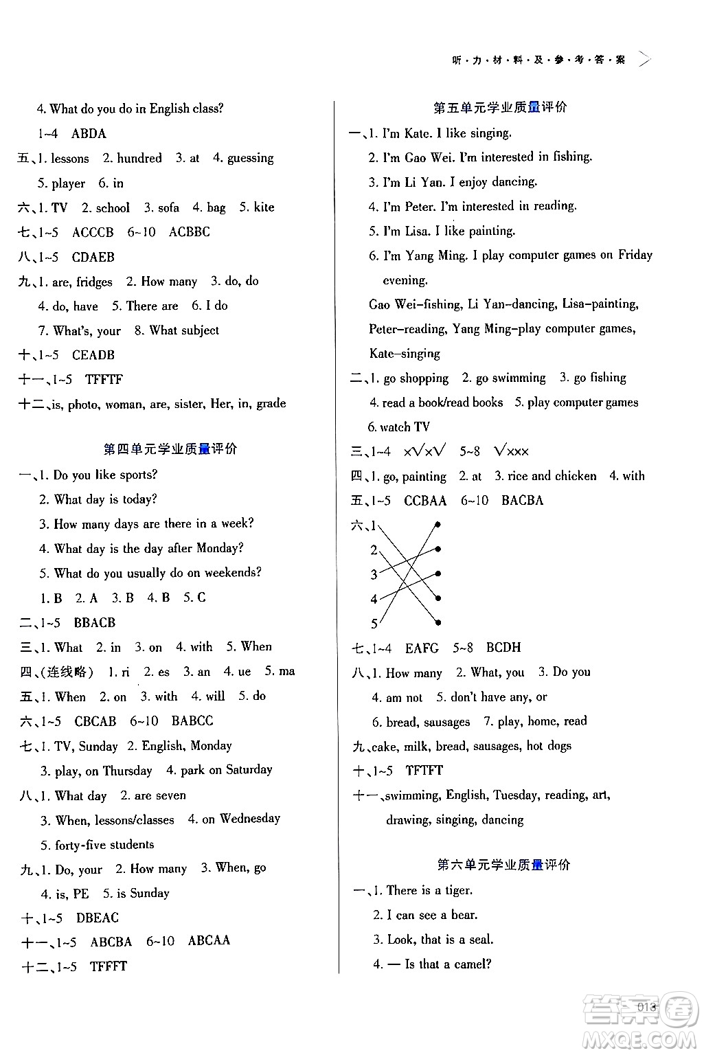 天津教育出版社2024年春學(xué)習(xí)質(zhì)量監(jiān)測四年級(jí)英語下冊(cè)人教版答案