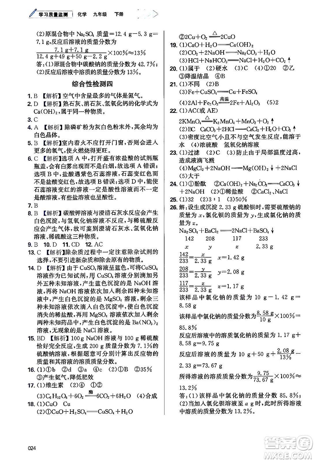 天津教育出版社2024年春學(xué)習(xí)質(zhì)量監(jiān)測(cè)九年級(jí)化學(xué)下冊(cè)人教版答案