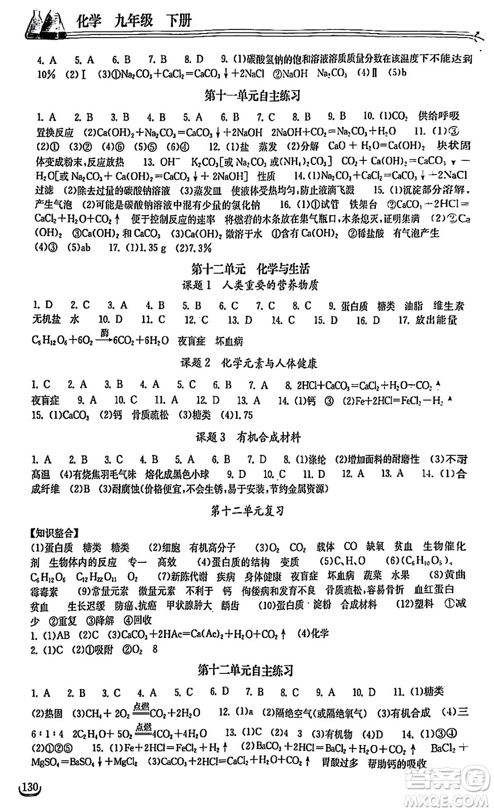 湖北教育出版社2024年春長(zhǎng)江作業(yè)本同步練習(xí)冊(cè)九年級(jí)化學(xué)下冊(cè)人教版答案