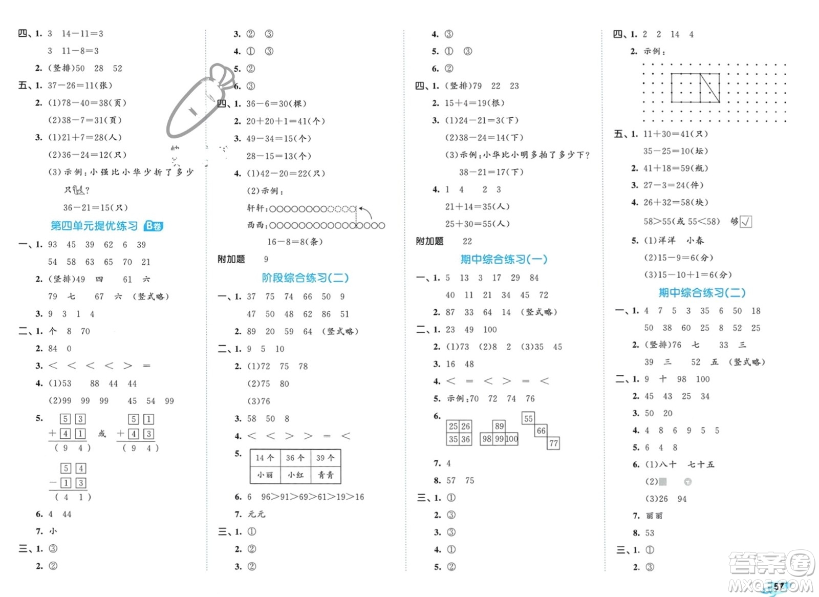 西安出版社2024年春53全優(yōu)卷一年級(jí)數(shù)學(xué)下冊(cè)蘇教版參考答案