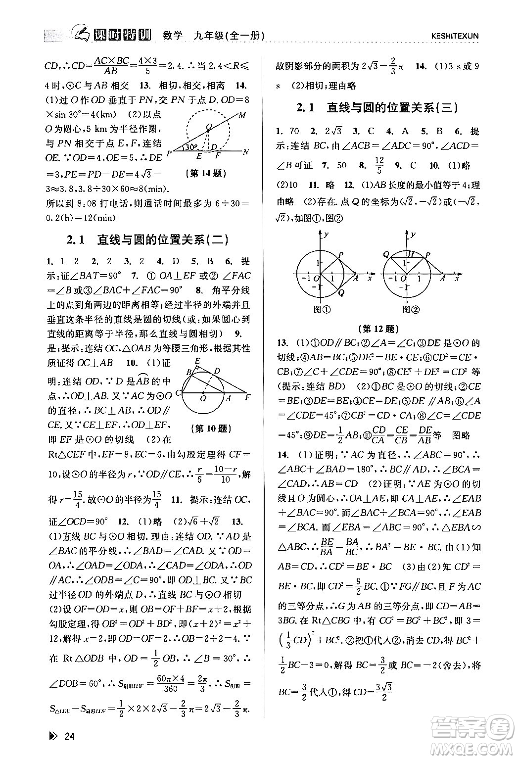 浙江人民出版社2024年春課時特訓九年級數(shù)學全一冊浙教版答案