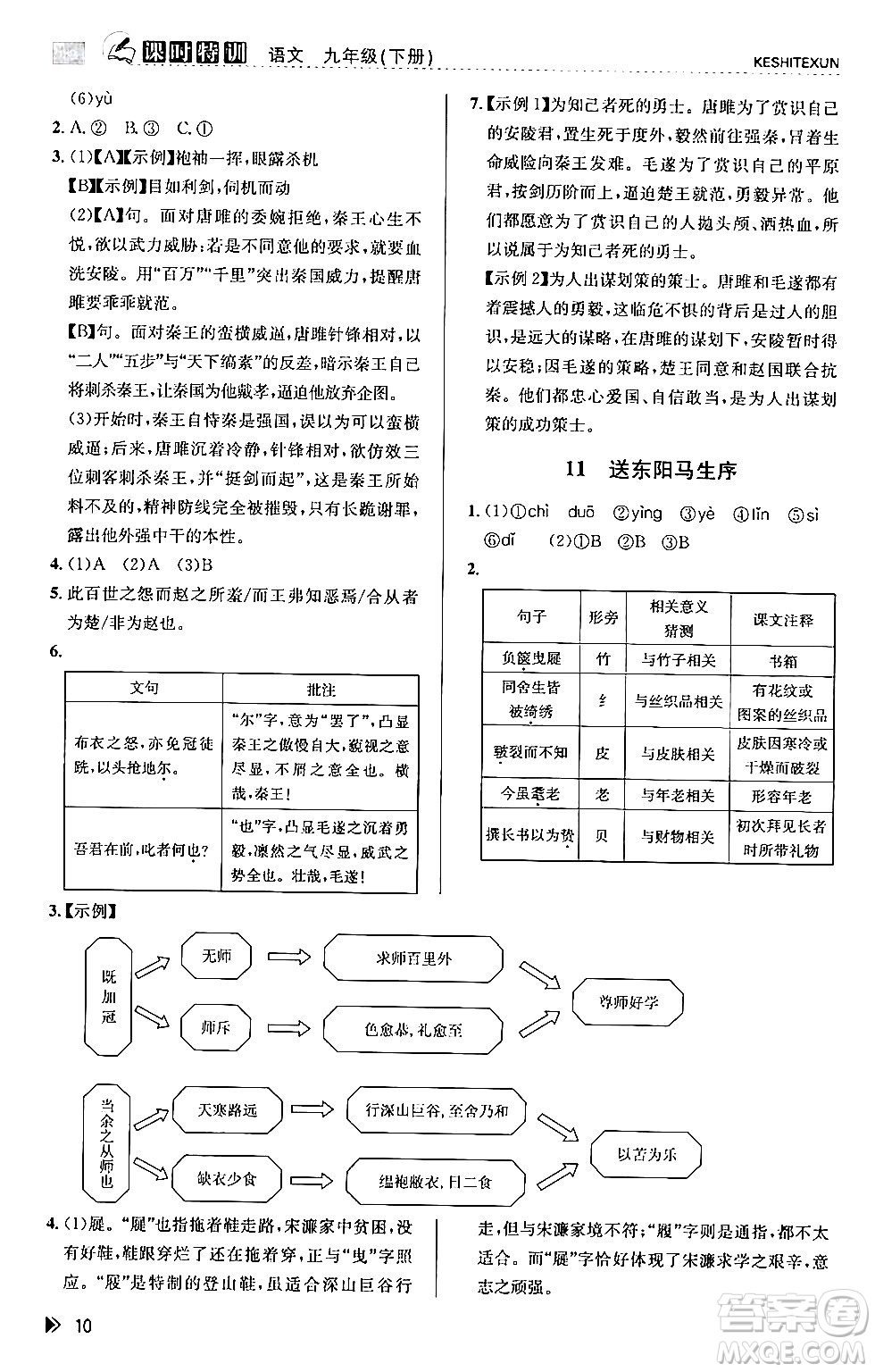 浙江人民出版社2024年春課時特訓九年級語文下冊人教版答案