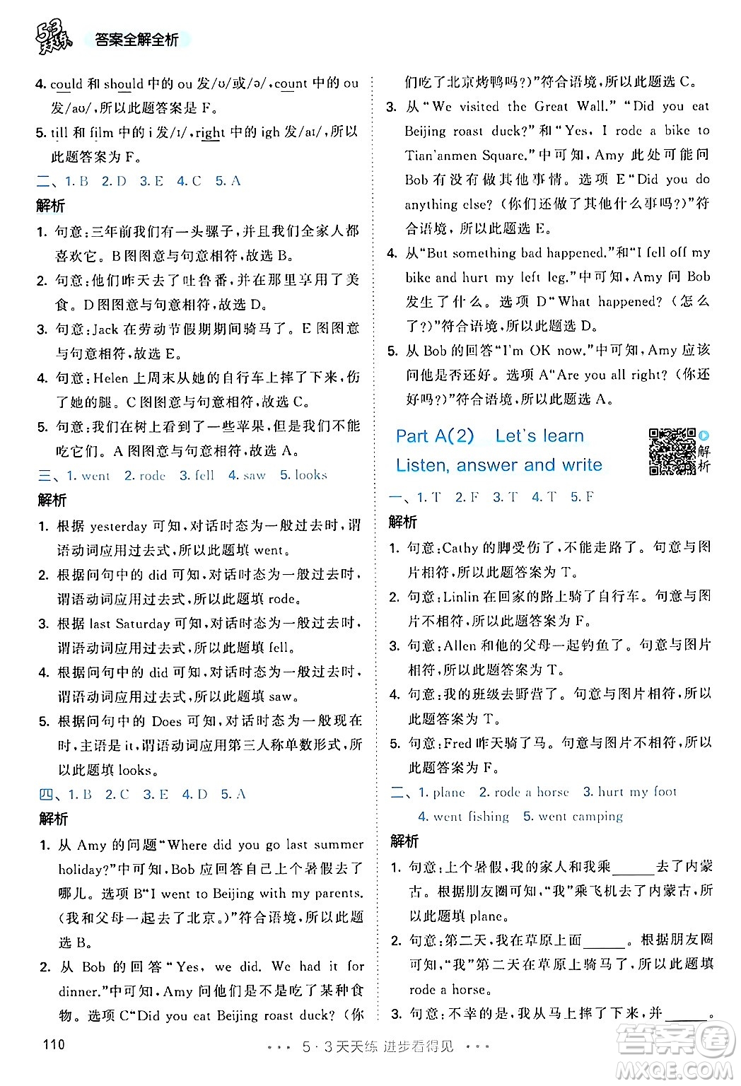 教育科學(xué)出版社2024年春53天天練六年級英語下冊人教PEP版答案