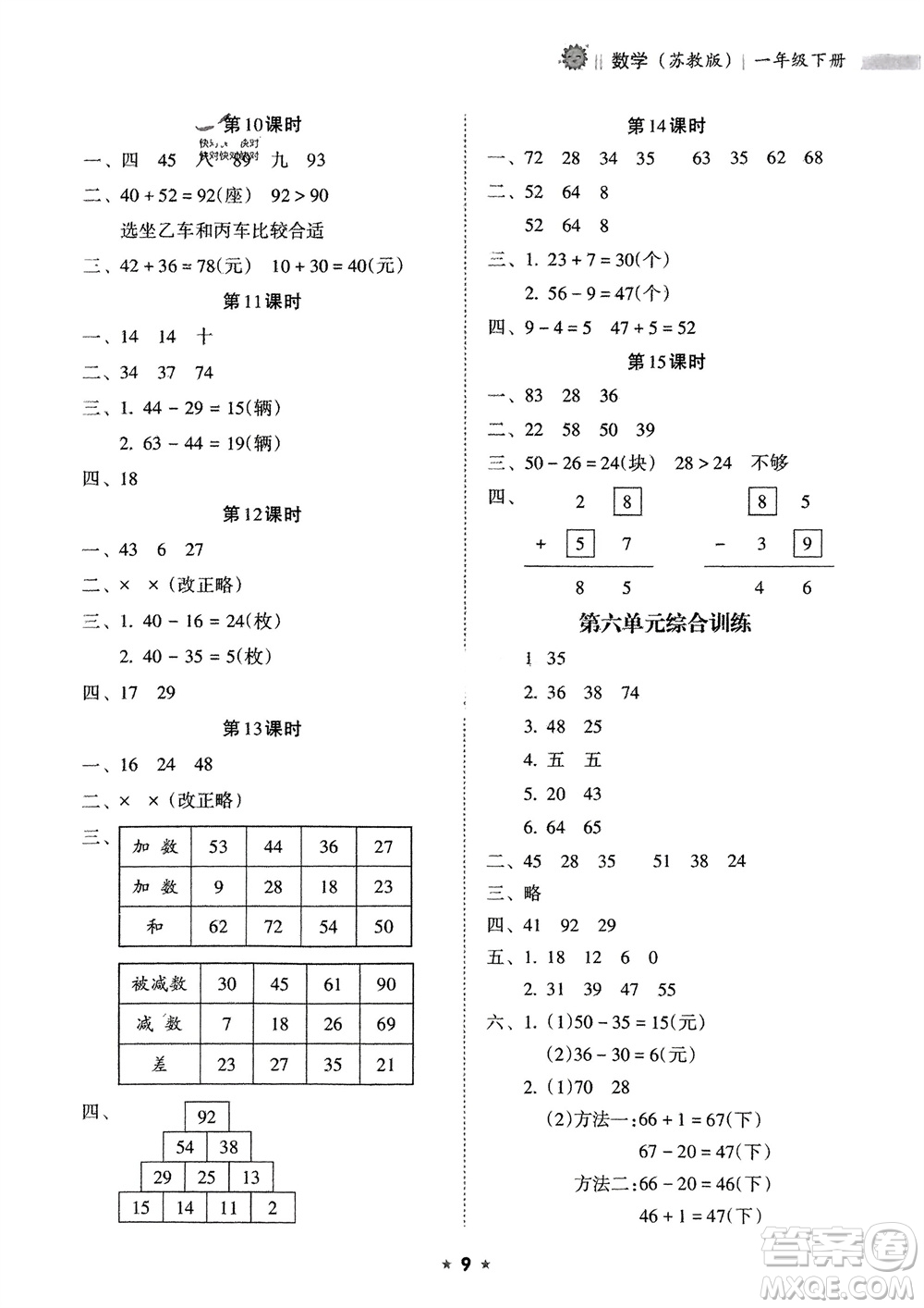 海南出版社2024年春新課程課堂同步練習(xí)冊一年級數(shù)學(xué)下冊蘇教版參考答案