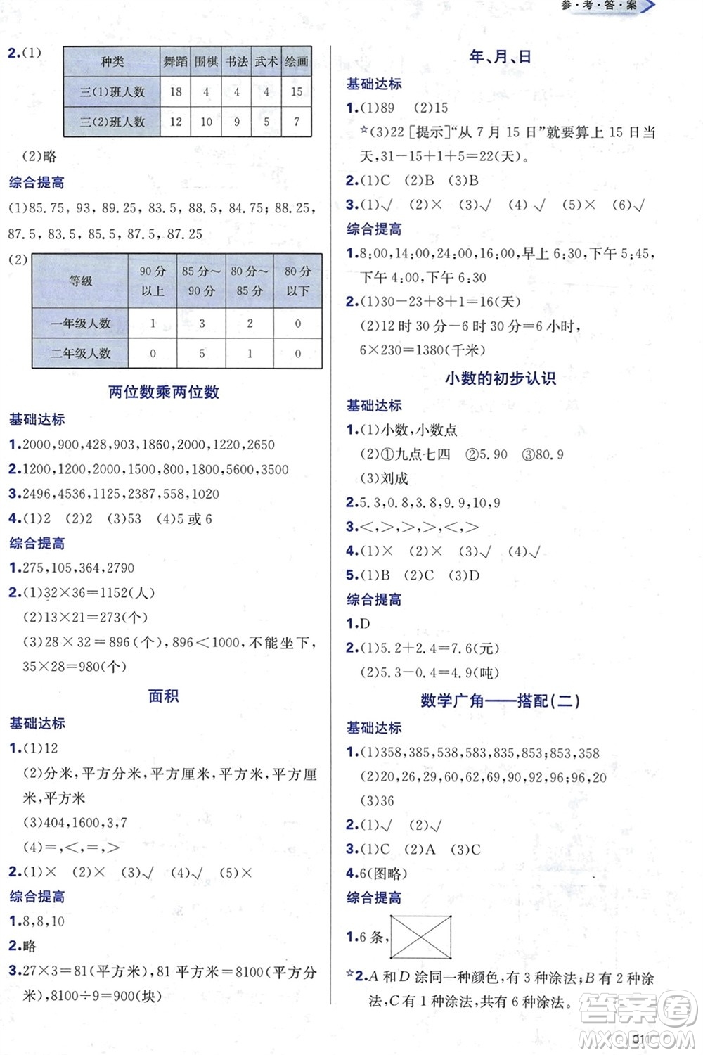 天津教育出版社2024年春學(xué)習(xí)質(zhì)量監(jiān)測(cè)三年級(jí)數(shù)學(xué)下冊(cè)人教版參考答案