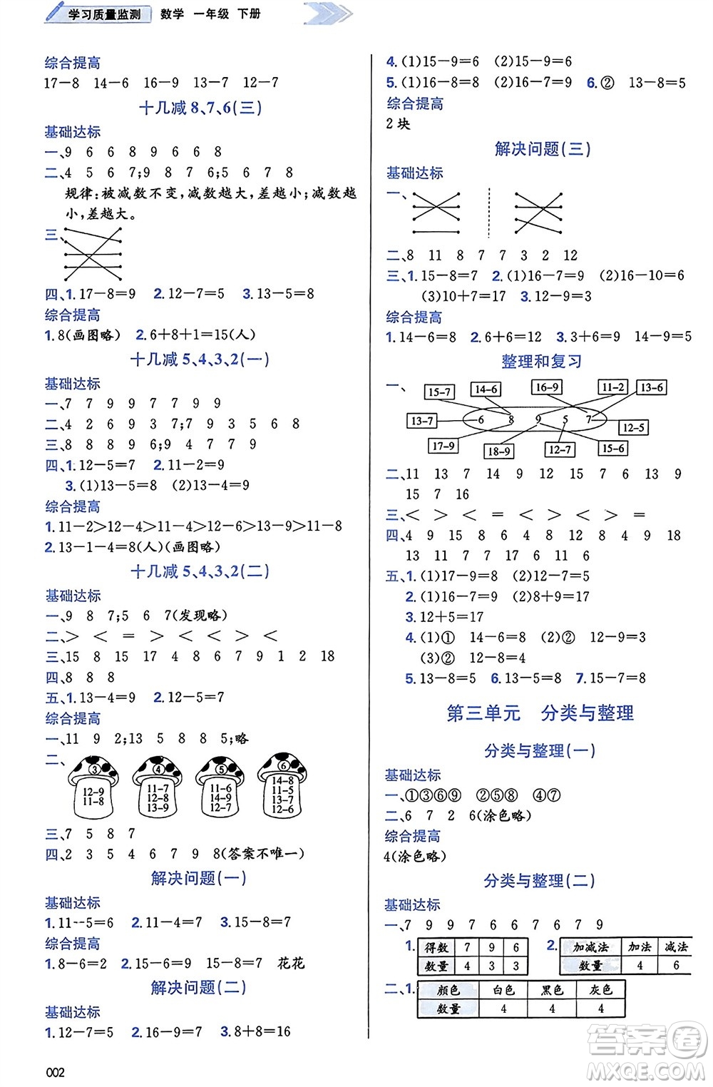 天津教育出版社2024年春學(xué)習(xí)質(zhì)量監(jiān)測(cè)一年級(jí)數(shù)學(xué)下冊(cè)人教版參考答案