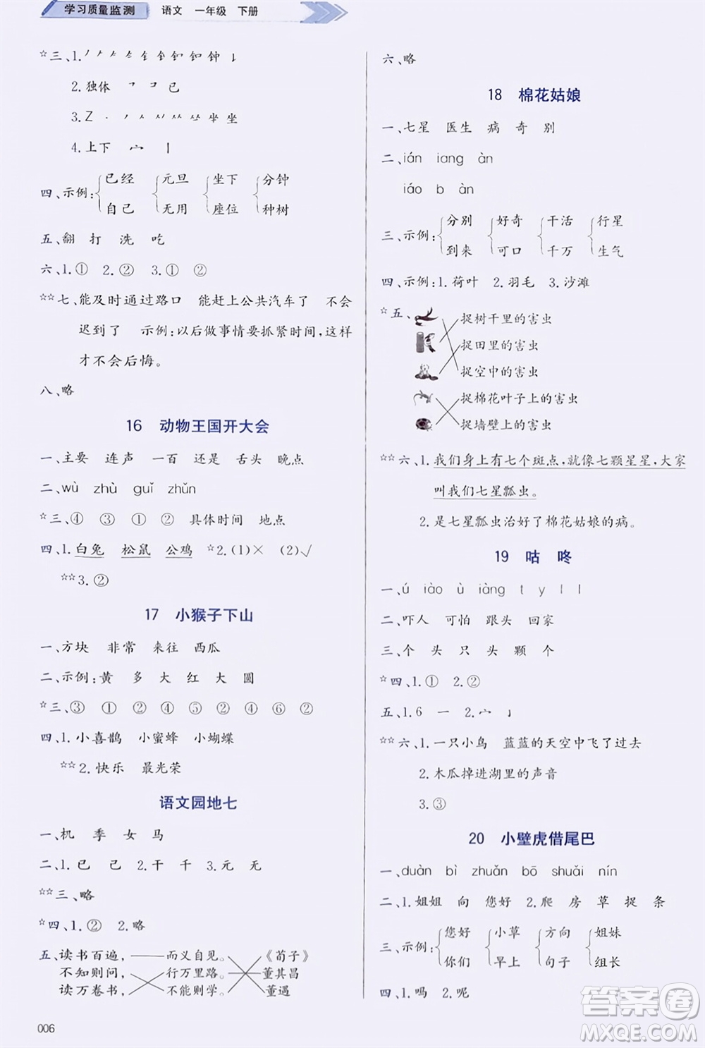 天津教育出版社2024年春學(xué)習(xí)質(zhì)量監(jiān)測(cè)一年級(jí)語文下冊(cè)人教版參考答案