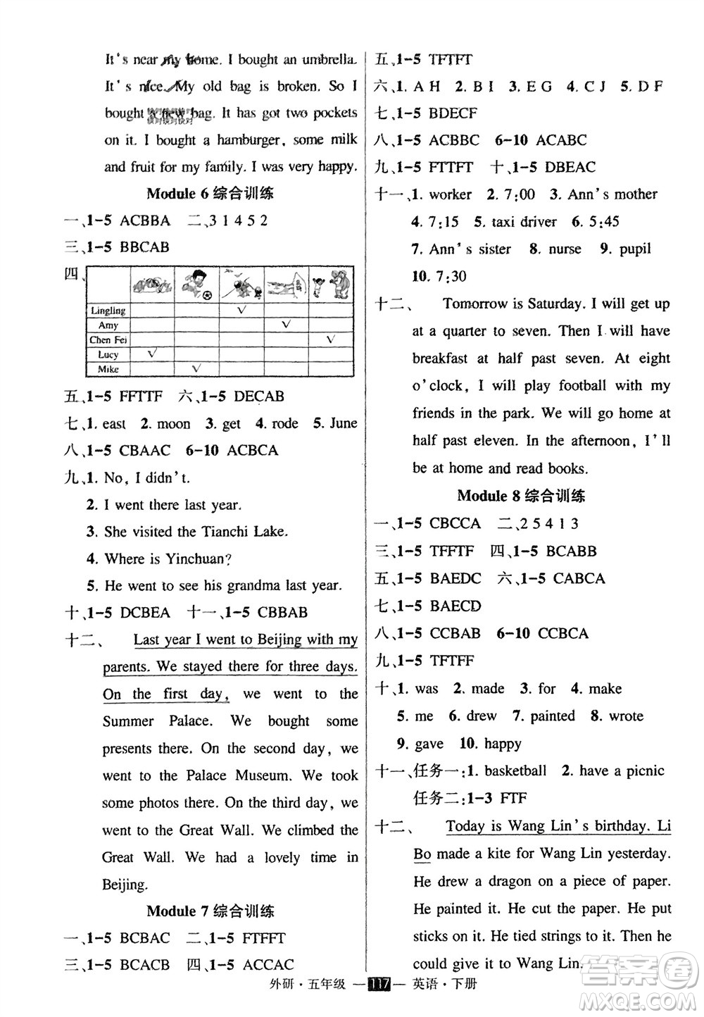 長(zhǎng)江出版社2024年春狀元成才路創(chuàng)優(yōu)作業(yè)100分五年級(jí)英語(yǔ)下冊(cè)外研版參考答案