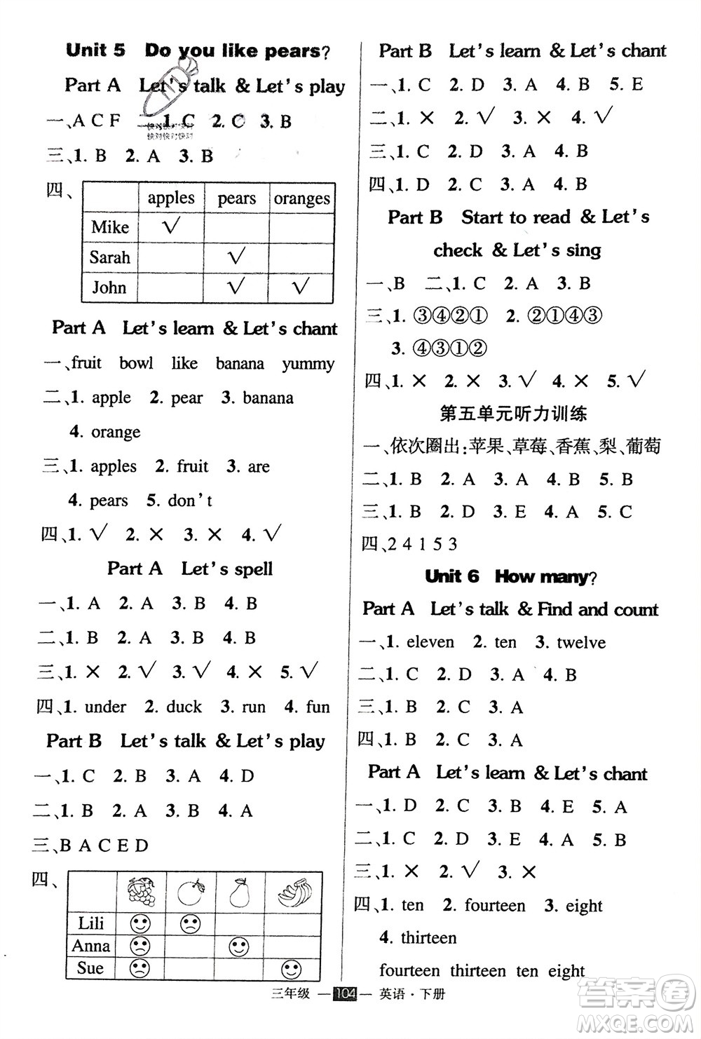 武漢出版社2024年春狀元成才路創(chuàng)優(yōu)作業(yè)100分三年級(jí)英語(yǔ)下冊(cè)人教版參考答案