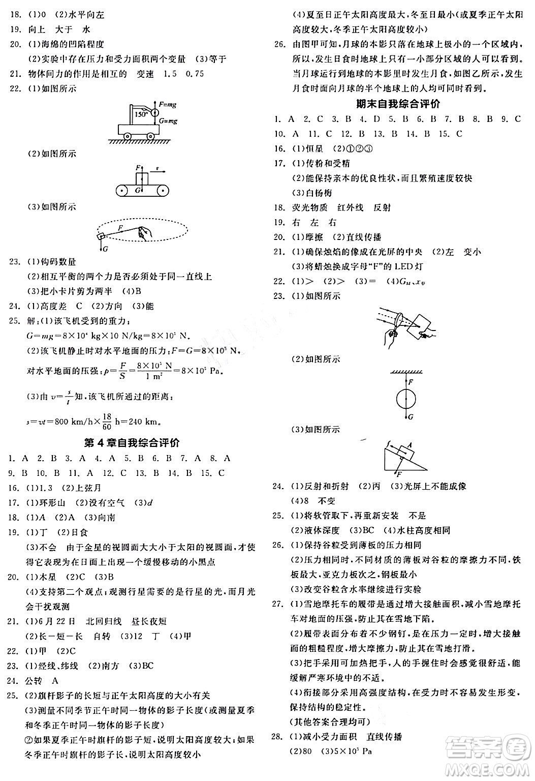 陽光出版社2024年春全品作業(yè)本七年級科學(xué)下冊浙教版浙江專版答案